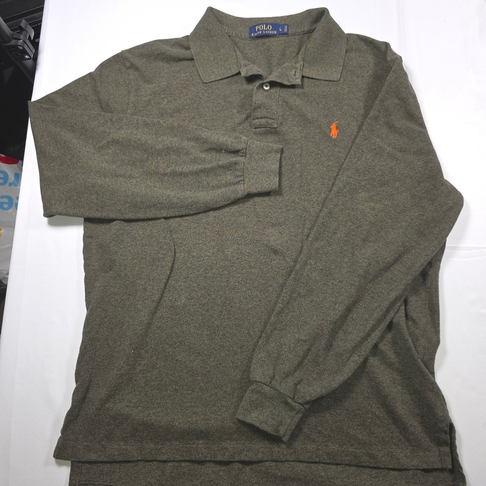 Polo Ralph Lauren Mens Large Olive Green Long Sleeve Polo Shirt Orange Pony - Picture 2 of 6